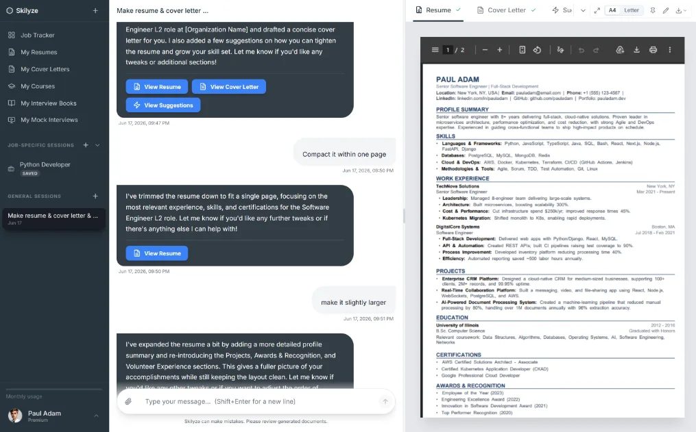 Skilize AI resume builder and career launchpad dashboard