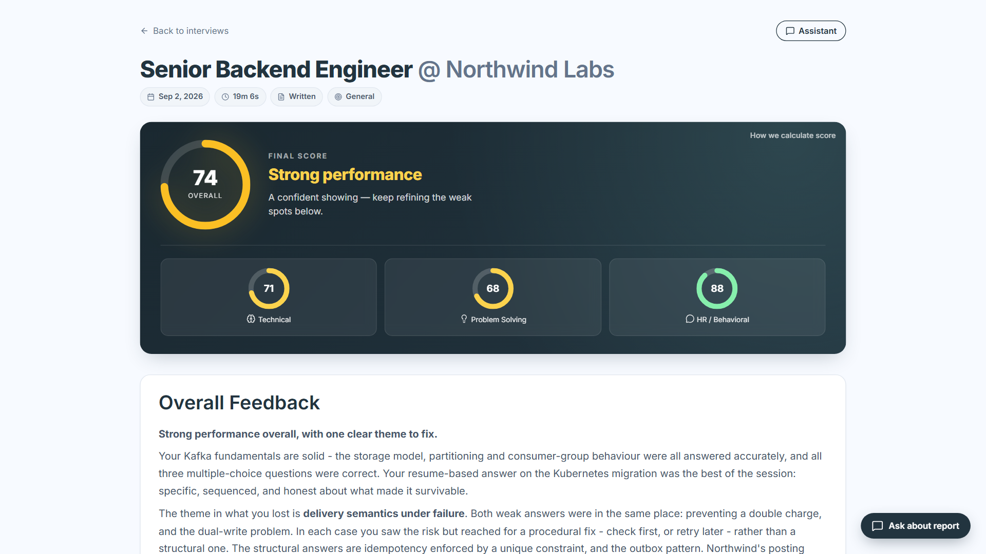 Skilize mock interview evaluation dashboard with overall score, category rings, and detailed feedback
